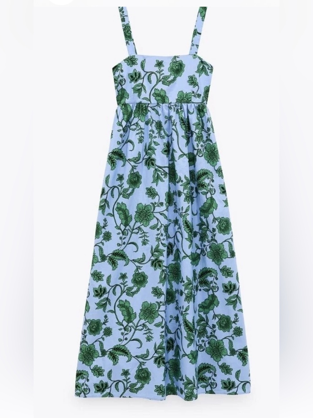 Zara Botanical Blue w/Green Floral Print Cotton Midi/Maxi Dress Size S - Picture 8 of 9